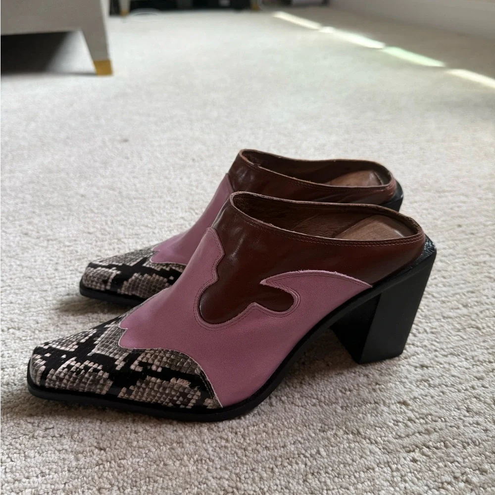Jeffrey Campbell Pink and Brown Mules with Snakeskin Accent Western - Picture 7 of 9